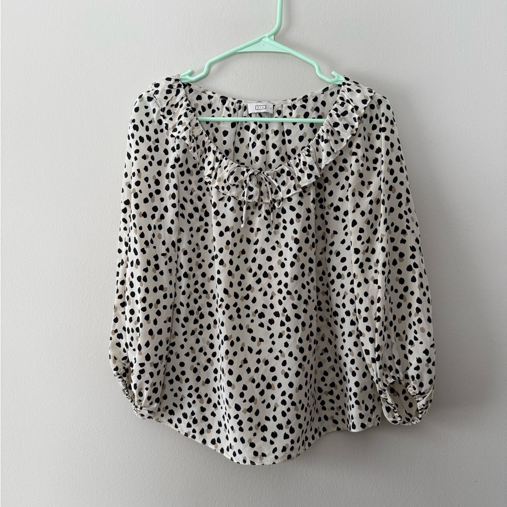 Ayr Amore Flowy Long Sleeve Silk Blend Ruffle Trim Blouse